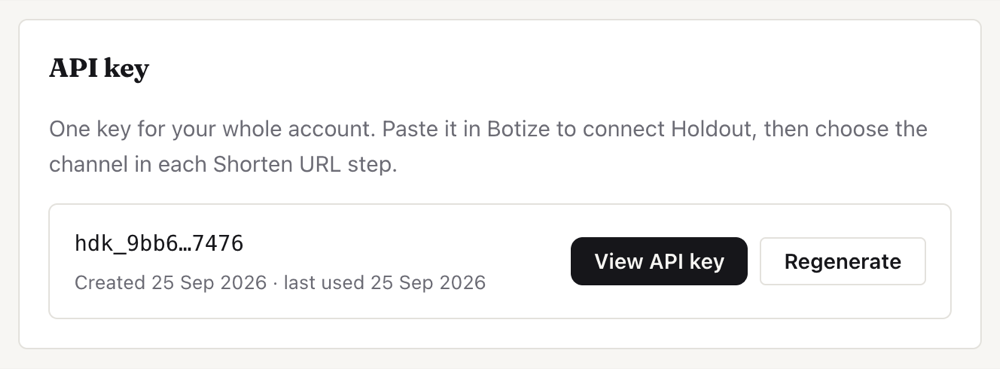 The API key of the account, with the View API key and Regenerate buttons
