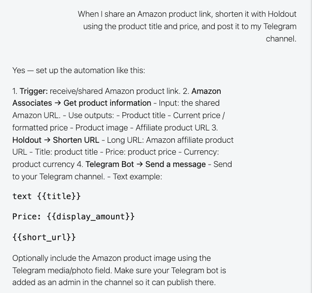 The Botize assistant proposing a task: Amazon Associates, then Holdout Shorten URL with the title and price, then Telegram