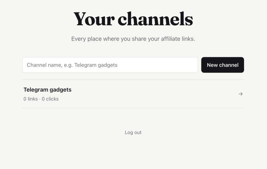 The Your channels page on Holdout, with the New channel button