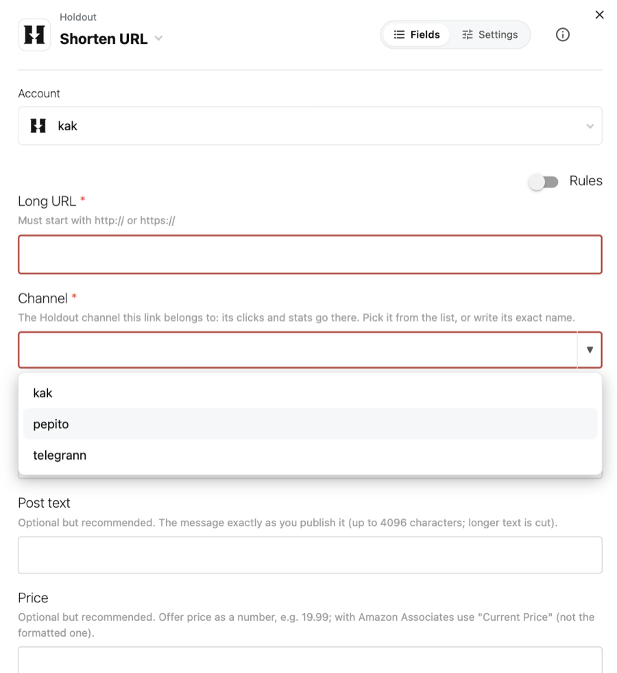 The Shorten URL step in Botize: Long URL, then Channel with the list of your Holdout channels open, then Post text and Price